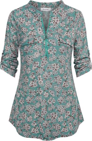 Ninedaily Women's 3/4 Sleeve Plaid Shirts Zip Floral Casual Tunic Blouse Tops